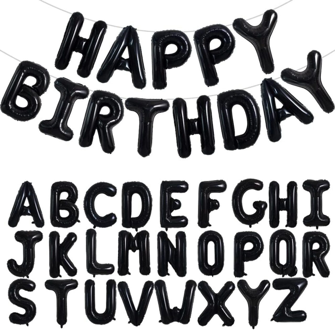 65 Pcs 16-Inch Black Happy Birthday Balloons with 2 Sets A-Z Foil Letter Balloons – DIY Personalized Phrase Banner for Birthday, Halloween, Thanksgiving, Christmas Party Decorations